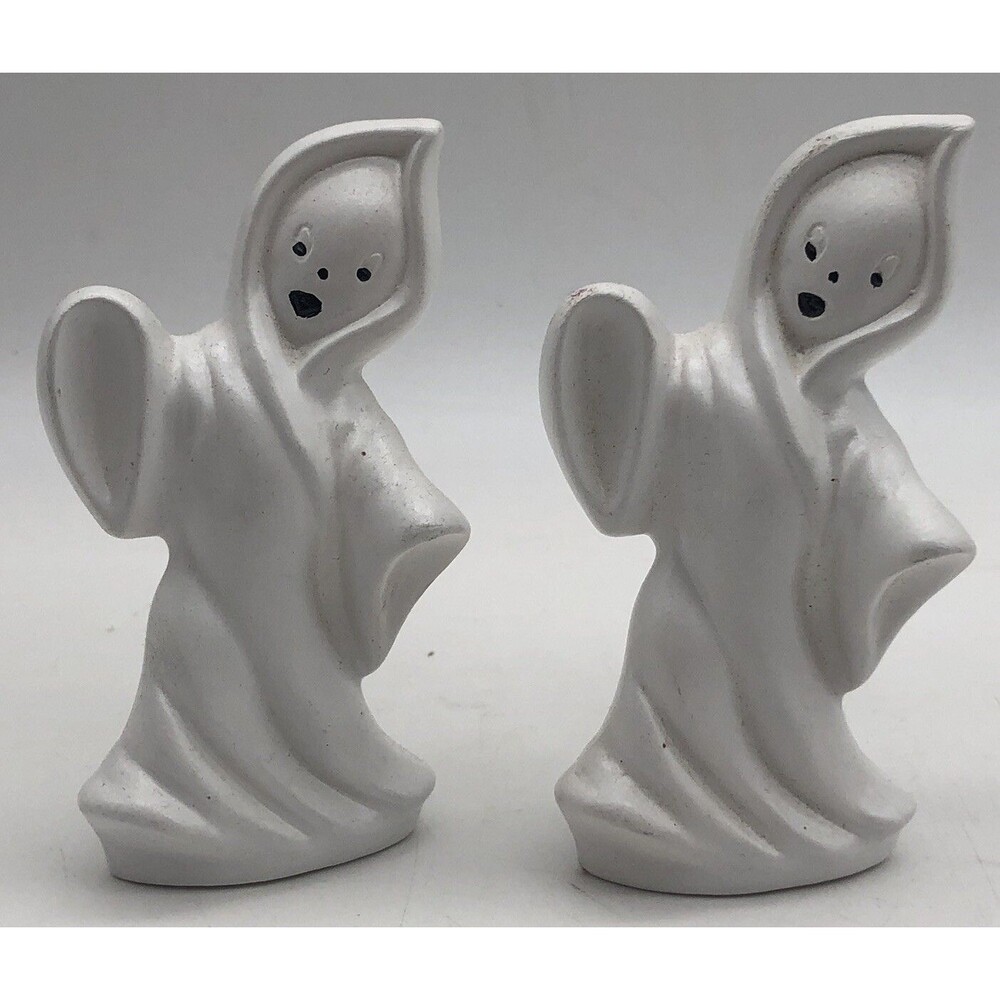 2- Handmade Ceramic Pottery Mold Halloween White Ghost Spooky Figurine 5" 1976